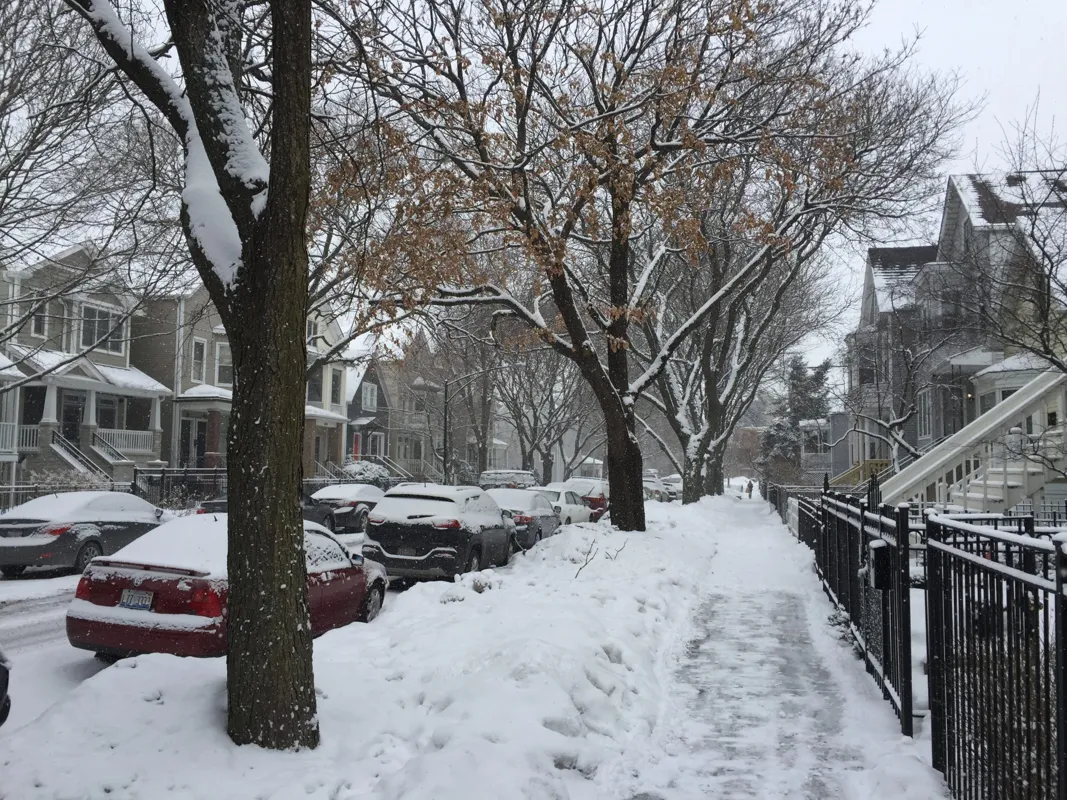 Snowy residential street with parked cars